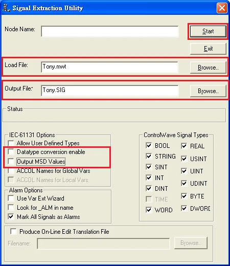 Signal Extraction Utility IEC-61131 Options Signal Extraction Utility dialog showing Tony.mwt in Load File and Tony.SIG in Output File, with Datatype conversion enable and Output MSD Values unchecked in IEC-61131 Options.
