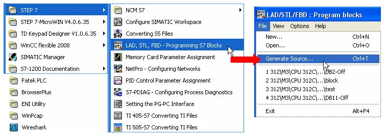 Windows Start menu showing STEP 7 programs with LAD, STL, FBD – Programming S7 Blocks highlighted, and the File menu open with Generate Source selected.