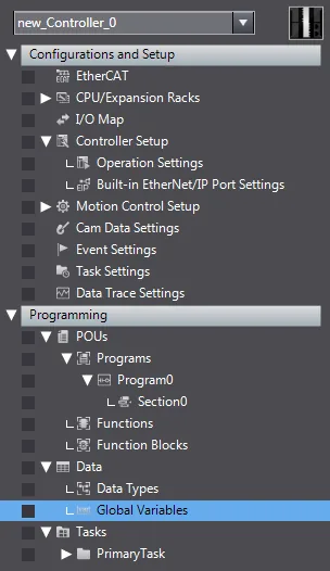 Sysmac Studio project tree with Global Variables selected under Programming > Data.