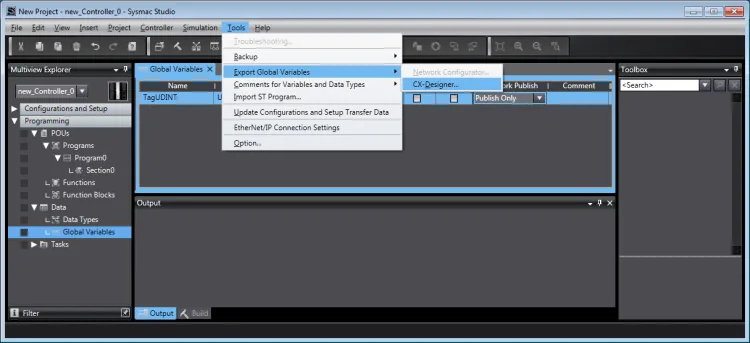 Sysmac Studio Export Global Variables CX-Designer Sysmac Studio Tools menu open with Export Global Variables submenu expanded and CX-Designer option highlighted.