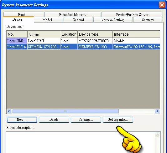 System Parameter Settings Device tab showing Local HMI and Local PLC 4 (SIEMENS S7/1200) in the device list, with the Get tag info button highlighted.
