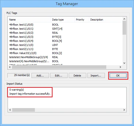 Tag Manager Import Success Tag Manager dialog with 29 imported PLC tags listed and Import tag information successfully status message.