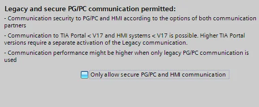 TIA Portal security dialog explaining Legacy and secure PG/PC communication with the Only allow secure PG/PC and HMI communication button shown.