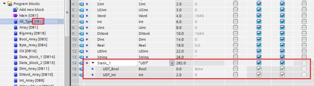 TIA Portal Program Blocks view of All_Types DB showing Static_1 member of UDT type with UDT_Bool and UDT_Int sub-members.