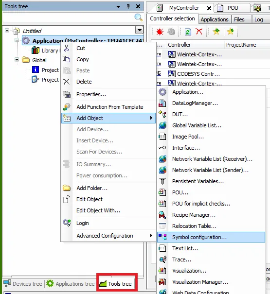 Tools Tree Add Object Symbol Configuration Machine Expert Tools tree context menu showing Add Object submenu with Symbol configuration highlighted.
