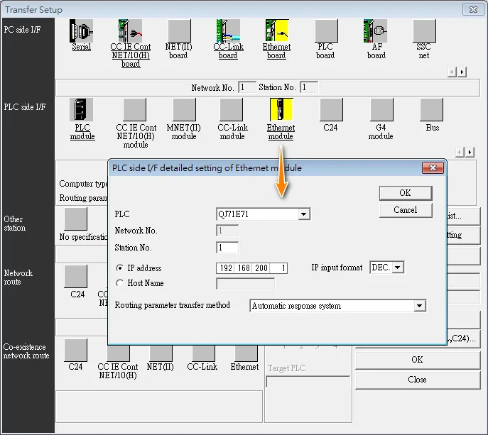 Transfer Setup Ethernet Module PLC Side Setting Transfer Setup with PLC side I/F detailed setting of Ethernet module dialog showing QJ71E71 PLC type and IP address 192.168.200.1.