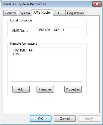TwinCAT 2 AMS Router HMI Added TwinCAT System Properties AMS Router tab showing HMI entry added to the Remote Computers list alongside the existing device.