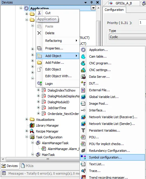 CODESYS Devices tree context menu showing Add Object submenu expanded with Symbol configuration highlighted.