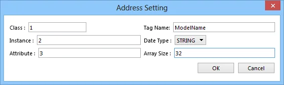 Address Setting dialog configured with Tag Name ModelName, Date Type STRING, and Array Size 32.