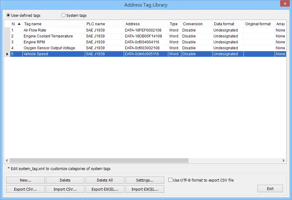 Address Tag Library SAE J1939 Tags Address Tag Library showing five completed SAE J1939 user-defined tags: Air Flow Rate, Engine Coolant Temperature, Engine RPM, Oxygen Sensor Output Voltage, and Vehicle Speed.