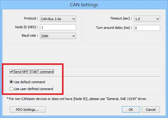 CAN Settings dialog with Protocol CAN Bus 2.0a, Node ID 1, Baud rate 250K, Send NMT START command checked, and Use default command selected.
