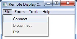 Remote Display Client application showing File menu open with Connect, Disconnect, and Exit options.