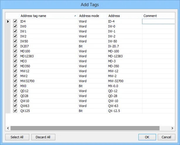 EasyBuilder Pro Add Tags dialog listing address tag names, address modes, and addresses with checkboxes for selecting tags to import.