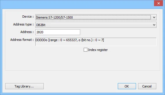 EasyBuilder address dialog with Device set to Siemens S7-1200/S7-1500, Address type DB2Bit, Address 2820, and format DDDDDo range 0 to 655327.