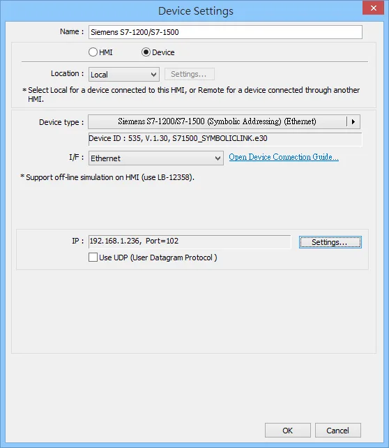 EasyBuilder Device Settings S7-1200/1500 EasyBuilder Device Settings dialog with device type set to Siemens S7-1200/S7-1500 Symbolic Addressing Ethernet and interface set to Ethernet.