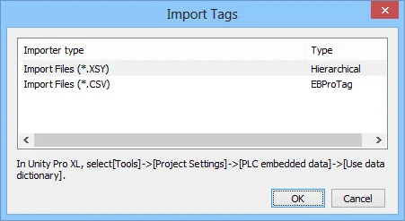 EasyBuilder Pro Import Tags dialog listing Import Files (*.XSY) as Hierarchical and Import Files (*.CSV) as EBProTag.