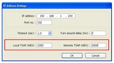 EasyBuilder IP Address TSAP Settings IP Address Settings dialog showing Local TSAP set to 1000 and Remote TSAP set to 2000, with IP address 192.168.1.234 and port 102.