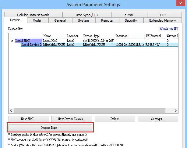 EasyBuilder Pro System Parameters Import Tags EasyBuilder Pro System Parameter Settings dialog showing Mitsubishi FX5U device on COM 2 with RS485 4W interface and the Import Tags button highlighted.