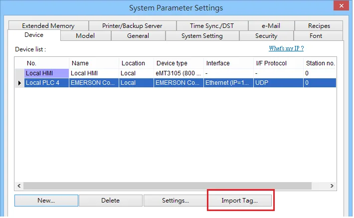 EasyBuilder System Parameter Import Tag System Parameter Settings dialog in EasyBuilder showing Local PLC 4 configured as EMERSON ControlWave via Ethernet UDP, with the Import Tag button highlighted.