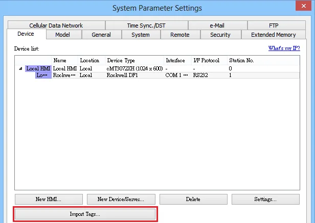 EBPro (EasyBuilder Pro) System Parameter Settings Device tab showing a Rockwell DF1 device entry with the Import Tags button highlighted.