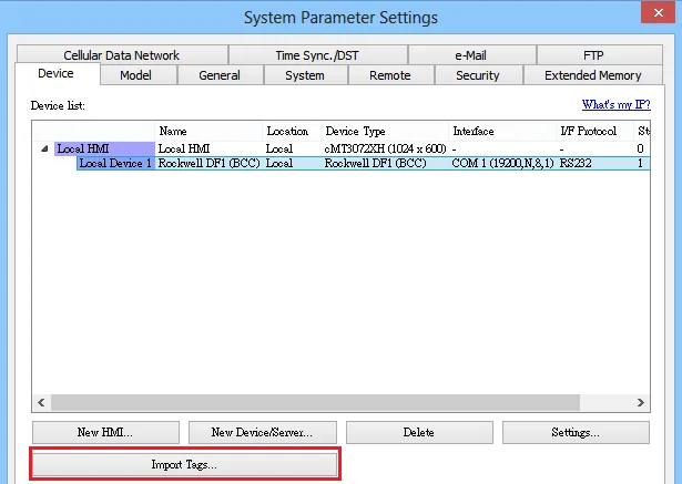 EBPro (EasyBuilder Pro) System Parameter Settings Device tab showing a Rockwell DF1 (BCC) device entry with the Import Tags button highlighted.