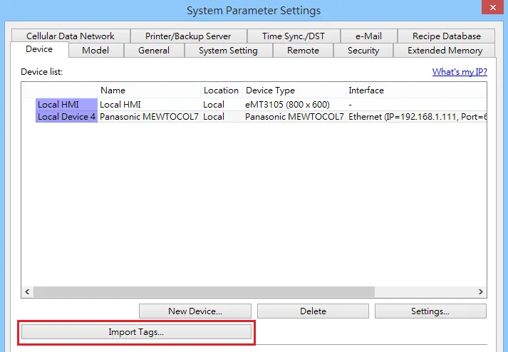 EasyBuilder Pro System Parameter Import Tags Device EasyBuilder Pro System Parameter Settings showing the Device tab with a Panasonic MEWTOCOL7 device listed and the Import Tags button highlighted.