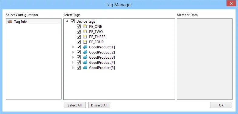 EBPro Tag Manager Select Tags EasyBuilder Pro Tag Manager showing Device_tags tree with PE_ONE through PE_FOUR variables and GoodProduct array items, all checked for import.