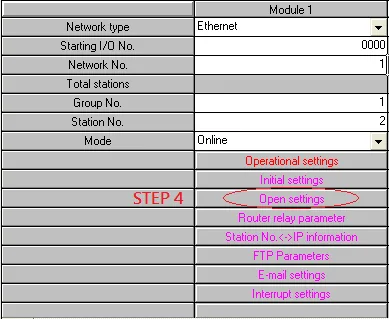 Ethernet Module Open Settings Link Ethernet module parameter panel with the Open settings link highlighted under the settings list.