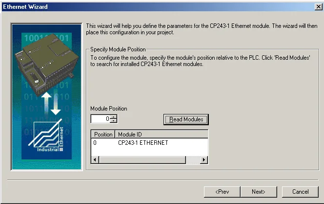 Ethernet Wizard CP243-1 Module Detected Ethernet Wizard Specify Module Position screen showing CP243-1 ETHERNET detected at position 0 in the module list.