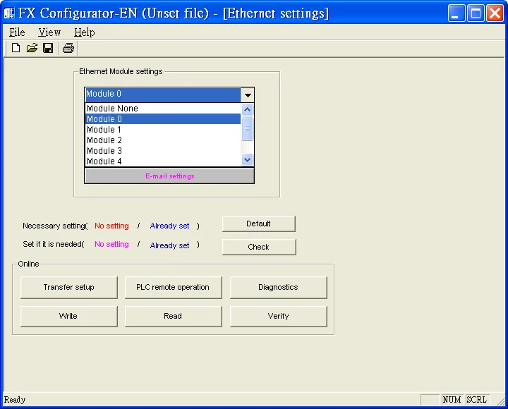 FX Configurator-EN Module 0 FX Configurator-EN Ethernet settings window with Module 0 selected in the Ethernet Module settings list.
