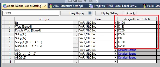 Global Label Setting Device Assignment Global Label Setting table showing data types including Bit, Word, Double Word, String(30), String(32), and array types, each assigned to a device address such as M100, D168, D200, D500, D0, D100.