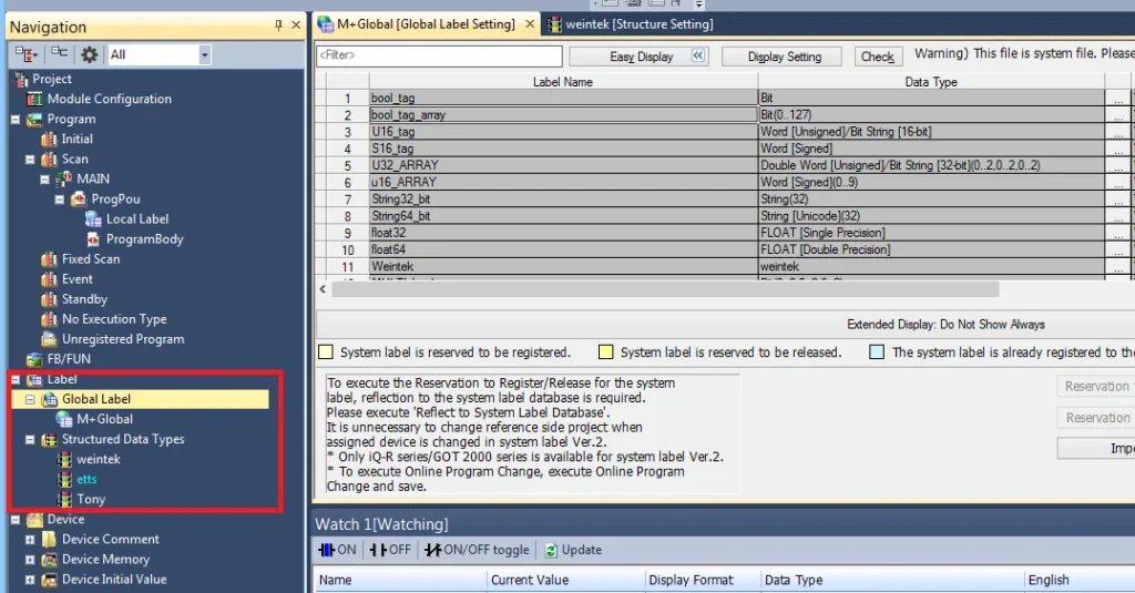 GX Works3 Global Label Setting showing label names such as bool_tag, U16_tag, S16_tag, and their corresponding data types including Bit, Word, Double Word, Float, and String.