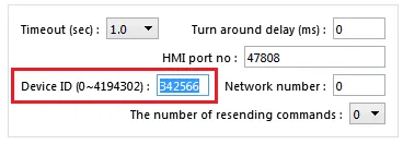 IP Address Settings dialog with the Device ID field highlighted, showing a value of 342566 and the range 0~4194302.