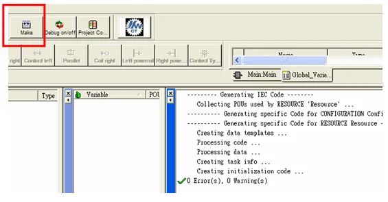 MotionWorks IEC Make Compilation Output MotionWorks IEC Express compilation output panel showing IEC code generation steps and a result of 0 Error(s), 0 Warning(s).