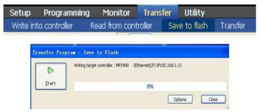 MPE720 Transfer – Save to Flash MPE720 Transfer menu with Save to flash selected, and the Transfer Program Save to Flash dialog showing the MP2400 target at IP 192.168.1.1.
