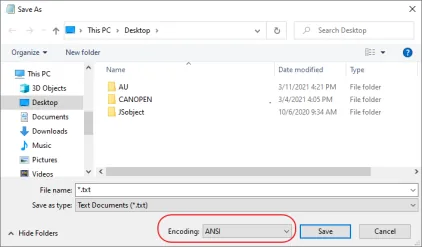 Notepad Save As ANSI Encoding Windows Save As dialog with file name set to *.txt and Encoding dropdown set to ANSI.