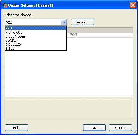 Online Settings dialog with channel list showing PGU, Profi-S-Bus, S-Bus Modem, SOCKET, S-Bus USB, and S-Bus options; PGU is selected.