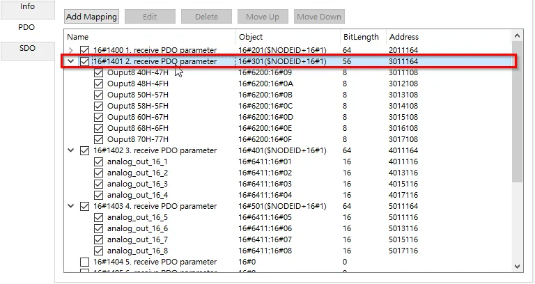 PDO tab with a receive PDO parameter expanded, showing the Add Mapping, Edit, Delete, Move Up, and Move Down buttons at the top of the list.