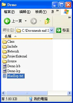 Windows Explorer showing the Demo project folder contents, with MaeExp.txt file visible at 5.80 KB.