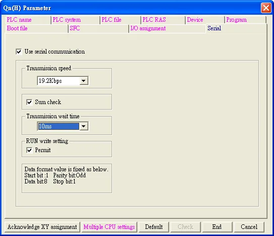 Qn(H) Parameter dialog showing the Serial tab with Use serial communication checked, transmission speed 19.2Kbps, Sum check enabled, transmission wait time 10ms, and RUN write Permit selected.