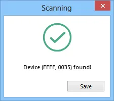 Scan USB Device Found Confirmation Scanning dialog showing Device (FFFF, 0035) found with a Save button.