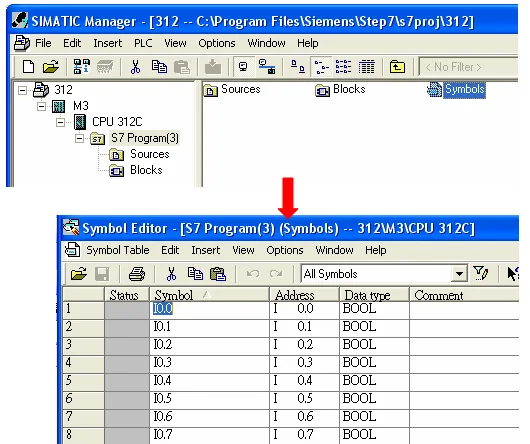 SIMATIC Manager Symbol Editor Tags SIMATIC Manager with Symbol Editor open showing a tag list with addresses I 0.0 through I 0.7, all BOOL data type.