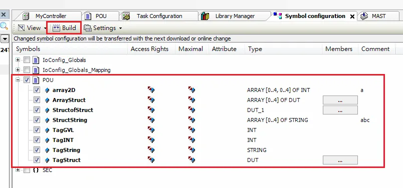 Symbol Configuration POU Tags Build Symbol configuration tab showing POU tag list with array2D, ArrayStruct, StructofStruct, and other tags, with the Build button highlighted.