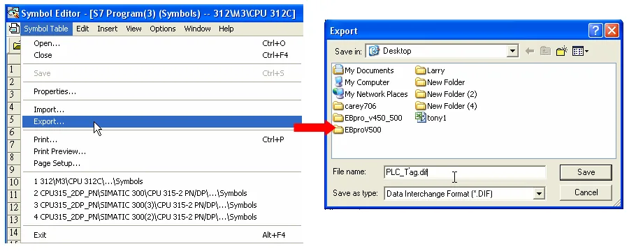 Symbol Table Export DIF File Save Dialog Symbol Table Export menu open with the Export option highlighted, and a Save dialog showing PLC_Tag.dif as the filename saved as Data Interchange Format.