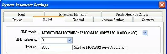 System Parameter Settings dialog open on the Model tab, showing the Port no. field set to 8000 used as the MODBUS server port number.