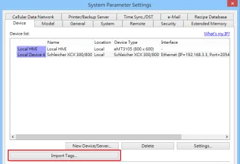 System Parameter Settings Import Tags System Parameter Settings window showing a Schleicher XCX 300/800 device configured via Ethernet, with the Import Tags button highlighted.