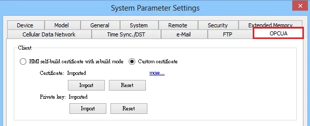 System Parameter Settings OPCUA tab with Custom certificate selected, showing Import and Reset buttons for Certificate and Private key fields.