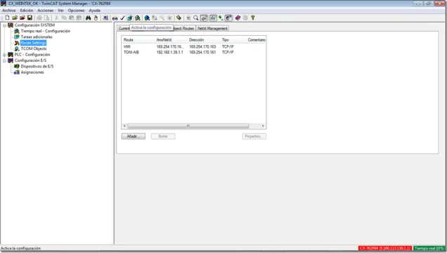 TwinCAT System Manager showing the Activate la configuración tab with both the HMI and TONI-AB routes listed in the Static Routes table.