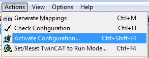 TwinCAT 2 Activate Configuration TwinCAT 2 Actions menu with Activate Configuration option highlighted and its keyboard shortcut Ctrl+Shift+F4 shown.