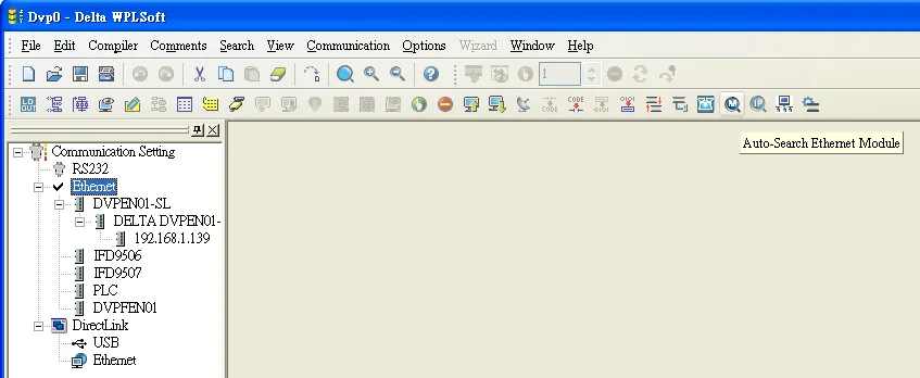 Delta WPLSoft Communication Setting panel with the Ethernet tree expanded, showing DVPEN01-SL with IP 192.168.1.139 discovered after clicking Auto-Search Ethernet Module.